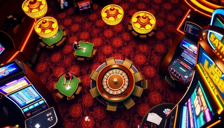 LC88 shining brightly in a lively casino scene with players enjoying poker and blackjack games.