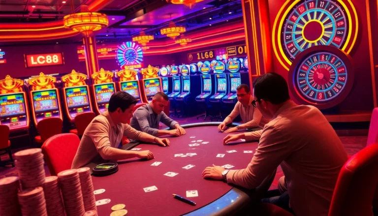 Experience thrilling poker gameplay at LC88's vibrant casino tables with immersive gameplay and lively atmosphere.