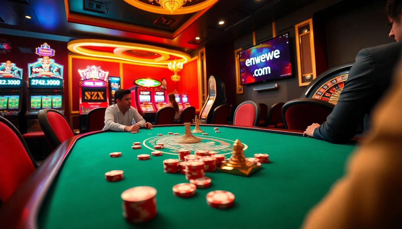 Engaging players at enew88.com try their luck at a vibrant casino table, surrounded by slot machines and roulette wheels.