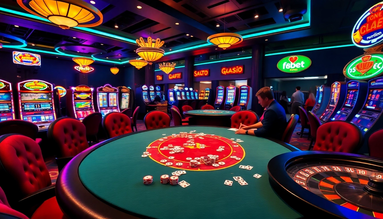 Explore thrilling gambling experiences at f8bet.net.in with poker games and vibrant slot machines lighting up the casino.